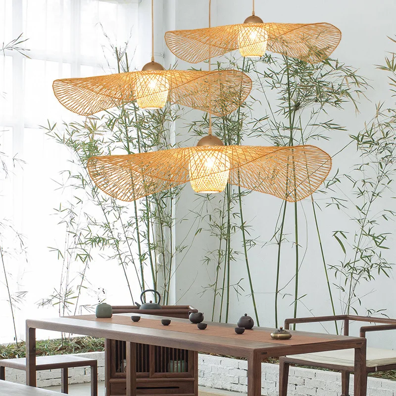 Wholesale decorative handmade bamboo pendant lamp retro woven hat lampshade chandelier for home hotel
