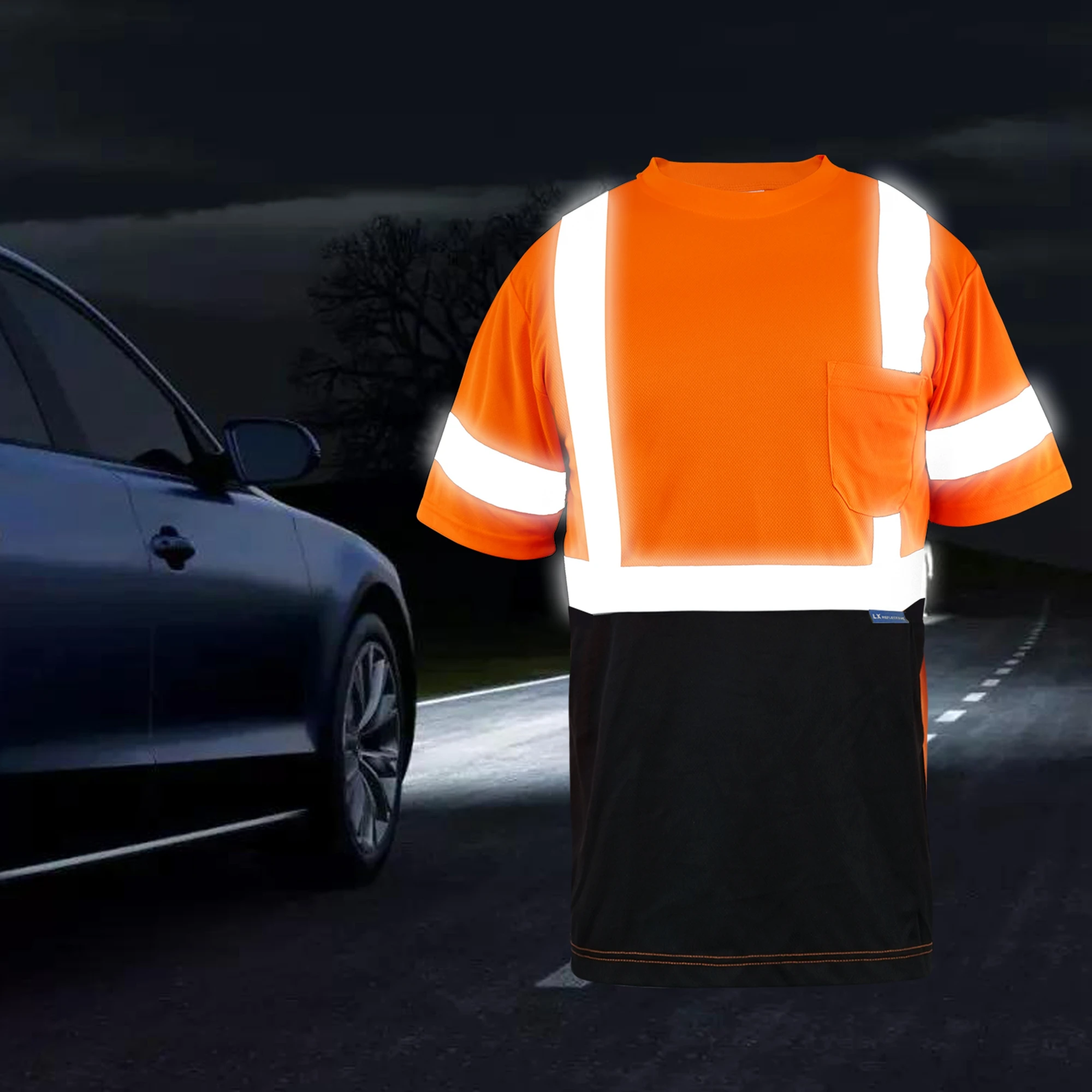 LX Stock Hi Vis Short-Sleeved Reflective T Shirt Orange Black Safety Polo Shirt  Low MOQ Custom Logo Safety T Shirt For Man
