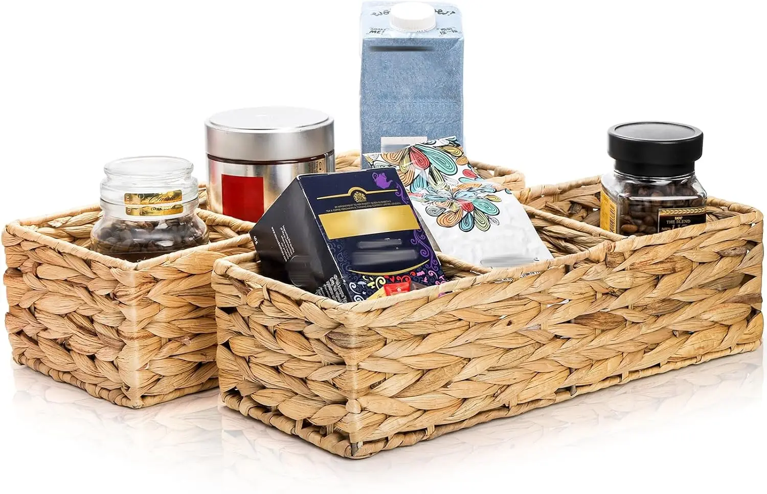 Factory Supply Water Hyacinth Handwoven Desk Storage Organizer Bin Eco-Friendly  Rectangle  2 Pack 3-Section Wicker Baskets