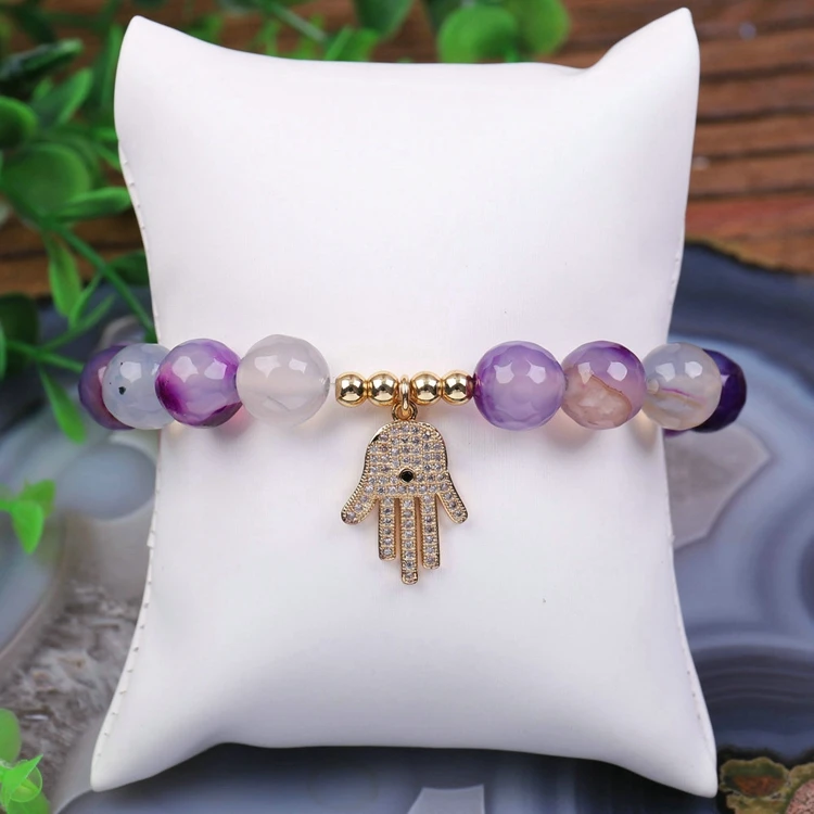 Hot Sale Gemstone Round Bead with Frog Eye Hand Pendant Gold Plated Copper Bracelet Fashion Trendy Jewelry