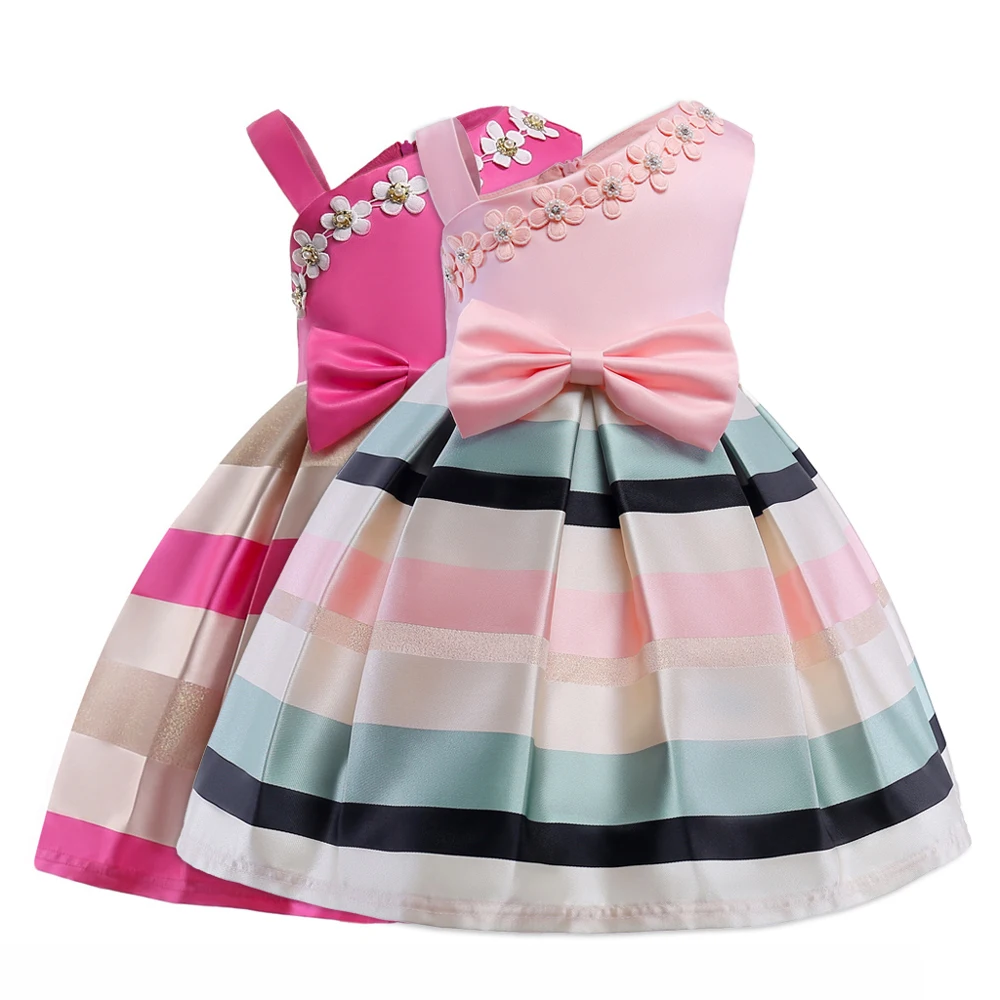 Kids One-Shoulder Party Dress Wholesale Girl Formal Dress Sling Bare Shoulder Stripe Flower Embroidered Princess Dress