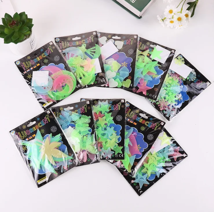 10 sets kids butterfly letter pink stand glow paste fluorescent 3D wall angel fairy Christmas stickers for baby birthday party
