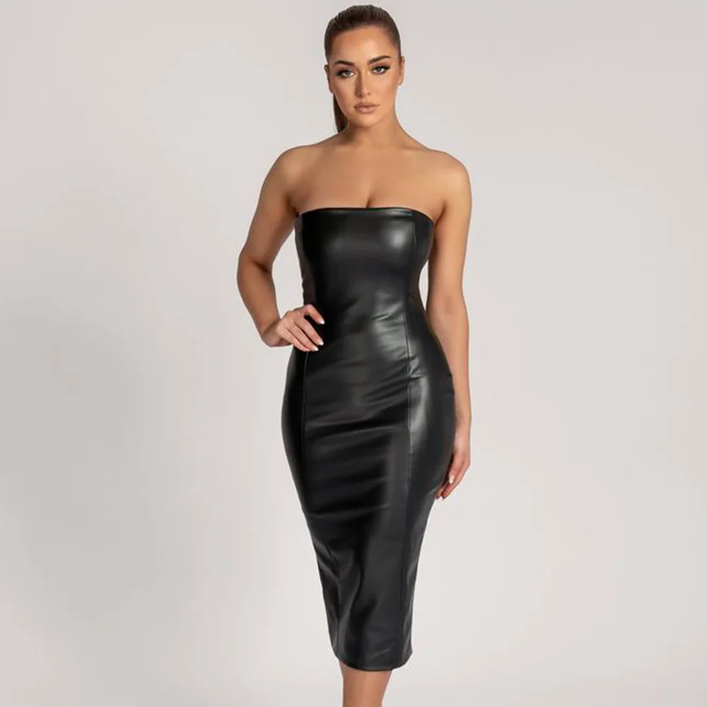 High Quality Strapless Stretch PU Bodycon Dress Sexy Midi Back Slit Black Chocolate Solid Elegant Outfit Party Leather Dress