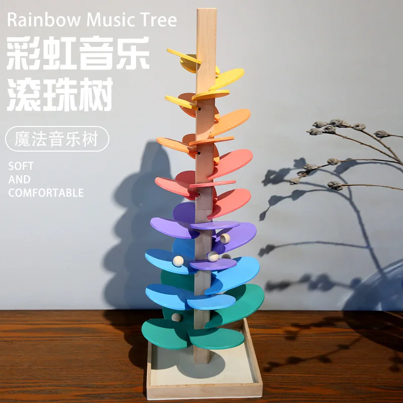 Improve Children Hearing Educational Wooden Home Play Tree Rainbow Petal Rolling Ball Track Rock Toy Music Tree Classroom Toys