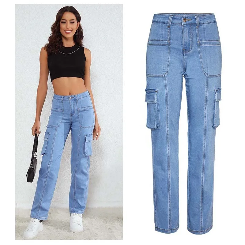 Прямая поставка, женские прямые джинсы-карго с высокой талией