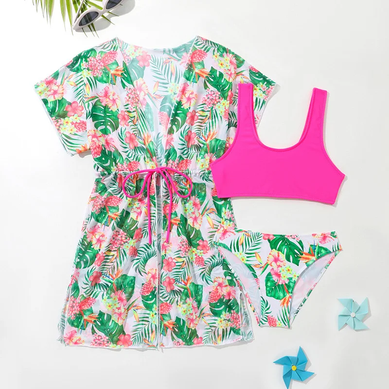 Swimsuit Kids Girl Flower Print Swimsuit Child Girl Baby 3 Pcs Set Long Sleeve Swimsuits + Tank Top + Bikini Thong