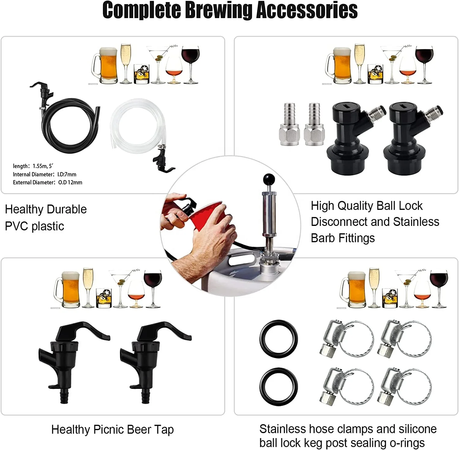 Ball Lock Beer Line Kit, Homebrew  Draft Kegerator Sankey Growler PVC CO2 Brewing Tubing Cornelius Corny Quick Disconnect Barb