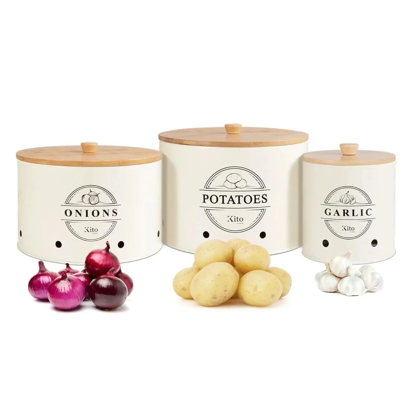 Garlic Potato Onion Keeper Kitchen Canisters for Pantry Organization and Storage Bins with Wooden Bamboo Lids