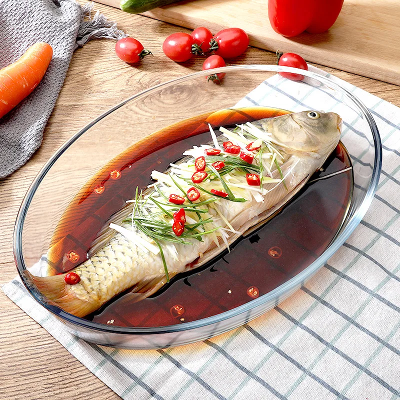 Glass fish plate household steamed fish plate microwave oven oven available high temperature round baking dish large capacity sa