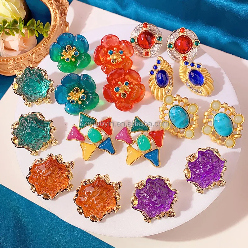 Fine jewelry vintage s925 silver pin antique irregular colored glaze gold flowers geometric resin stud earrings for women