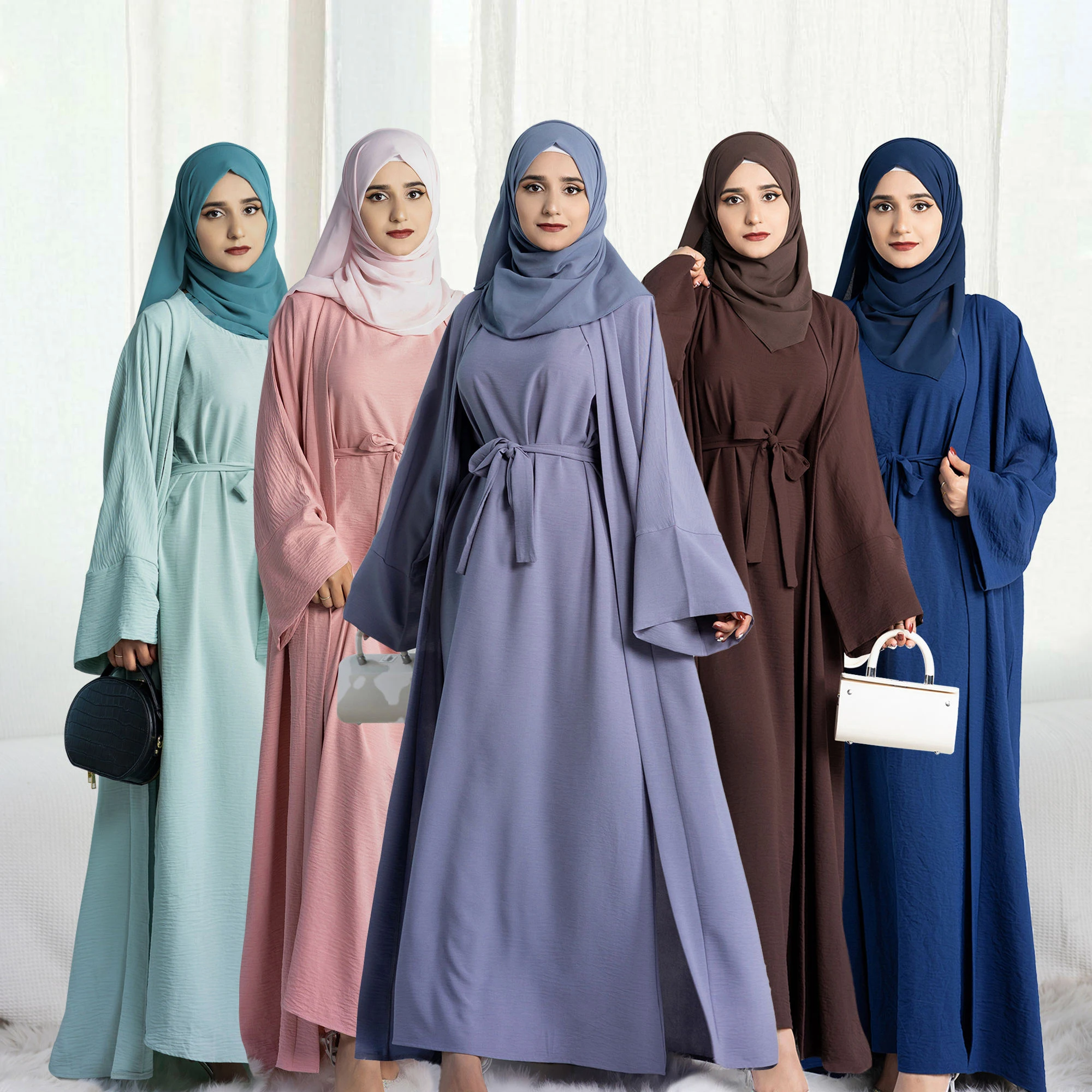 clothing manufacturer Custom Muslim women 2pcs Abaya set Plain Polyester long dress kimono Cardigan Islamic Clothing
