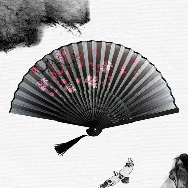 Vintage Chinese Japanese Fabric Floral Spun Silk Flower Printing Hand Fan Folding Hollow Carved Hand Fan Party Wedding Hand Fan