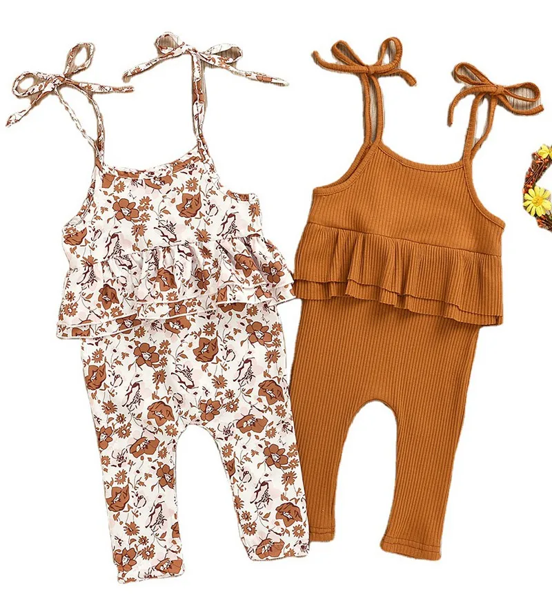 RST для новорожденных, младенцев, для девочек ясельного возраста, без рукавов, на лямках, с ребристой 100% хлопок, спортивный костюм для малышей, комбинезон с кружевным гофрированным воротником, оптовая продажа