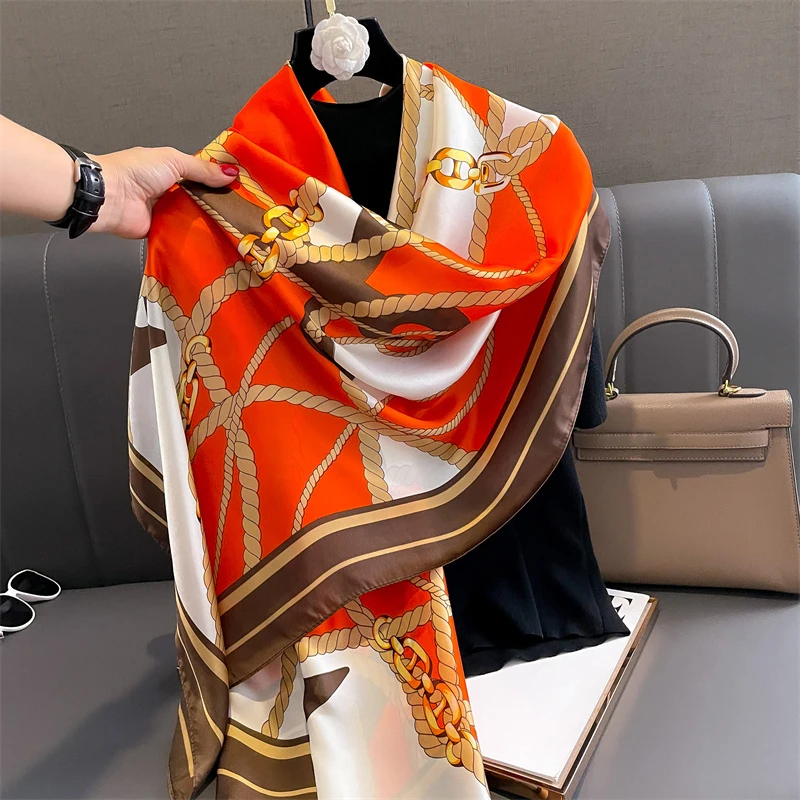 Wholesale Long 180*90cm Soft Silk Printed Scarf With Chain Pattern Women Luxury Designer Painting Flower Silk Shawls