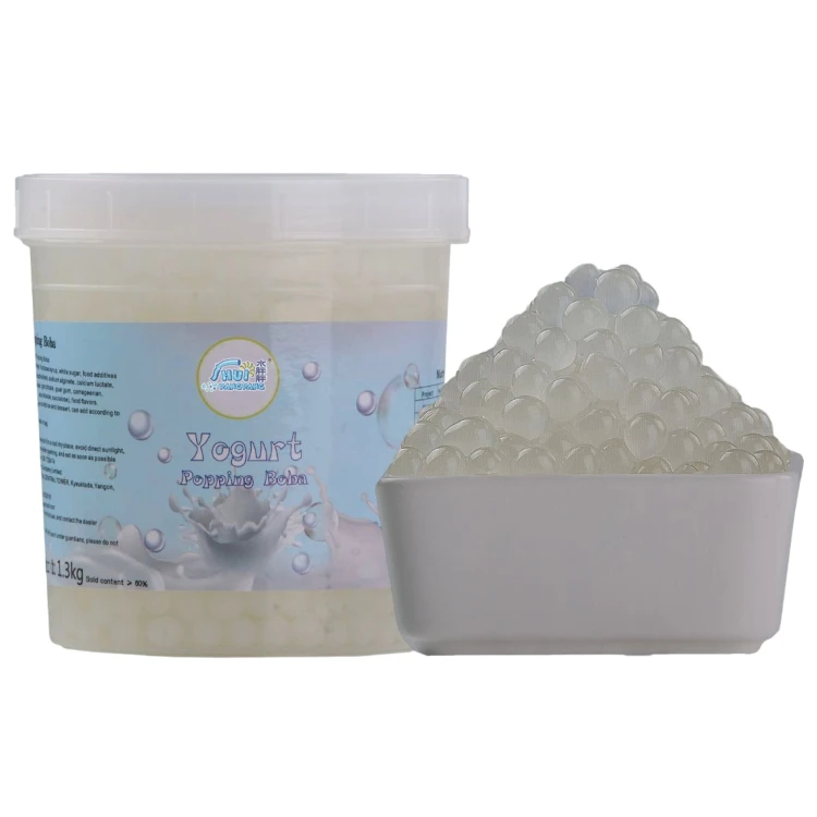 Hot selling yogurt flavor 1.3kg sodium alginate white color round shape popping boba with transparent boba pearls