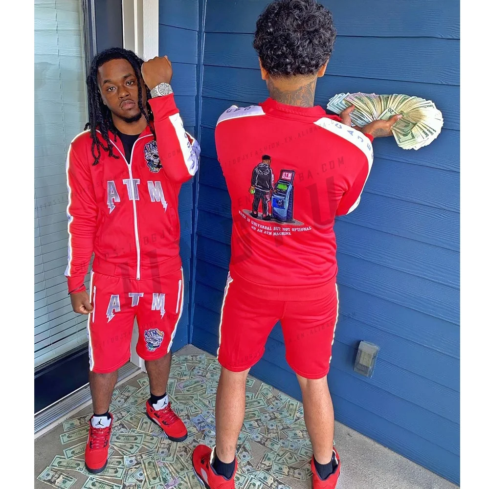 Newest Customized Sweat Suit Men shorts Jogging Sports reflect Sweatsuit Suits Wholesale side stripes reflective tracksuits