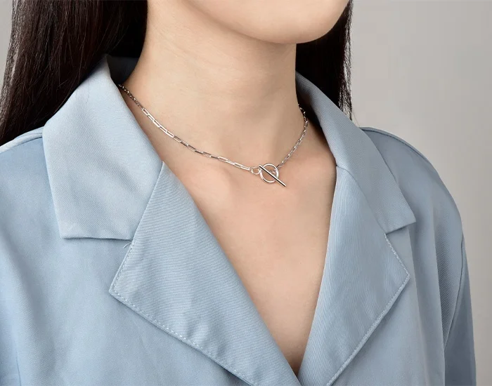 Fine Jewelry 925 Sterling Silver Chain Choker Necklace OT Toggle Clasp Buckle 18K Gold Plated Paperclip Necklace