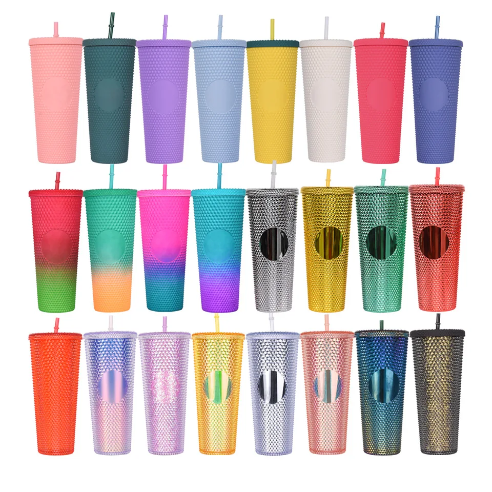 DIY 24oz cold coffee double wall insulated grid glitter mug Acrylic plastic iridescent matte studded tumbler with lid and straw