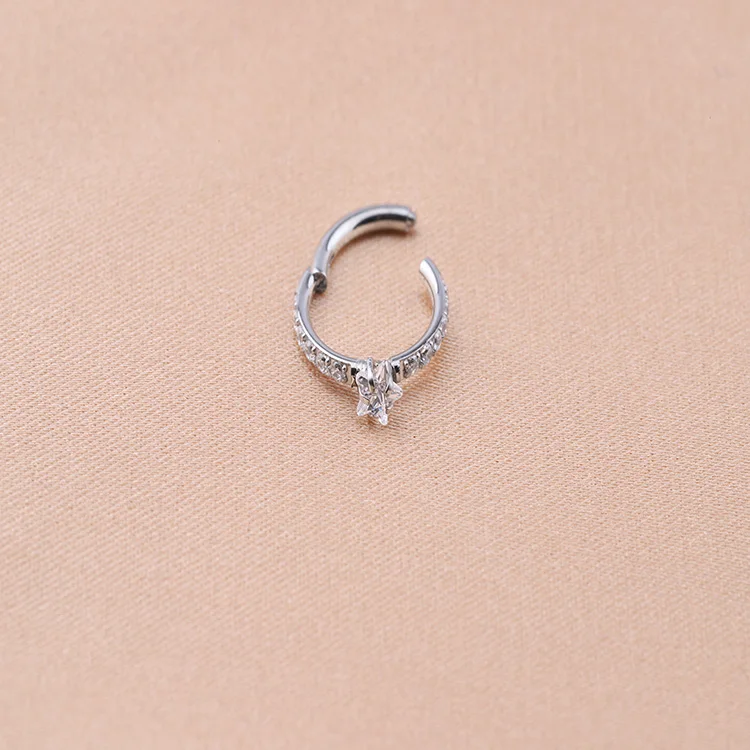 F136 Titanium Prong Set five-pointed star Zircon CNC Set CZ Hinged Segment Ring Clicker Hoop Ring