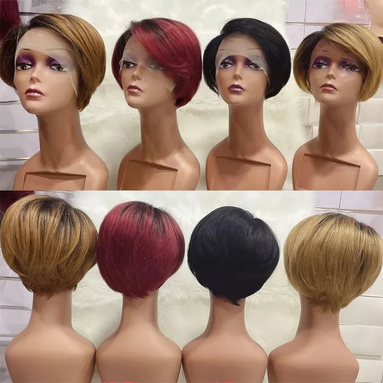 Brazilian Short Bob Pixie Cut Curly Wig Human Hair Bob Short Wine Color Pixie Hair Cuts 13*4*1 Lace Wig With Baby Hair