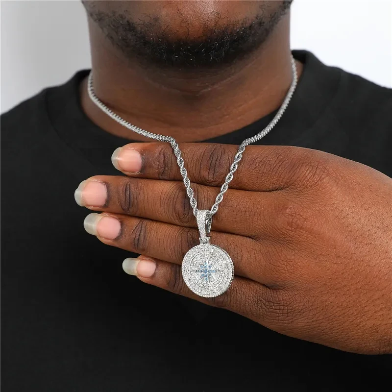 Hip Hop Bling Brass Iced Out Compass Pendant Gold Silver Color Cubic Zirconia Compass Pendant