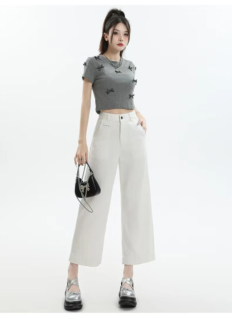 whole denim women new style  summer new thin  loose straight ice silk high waist show thin white pants