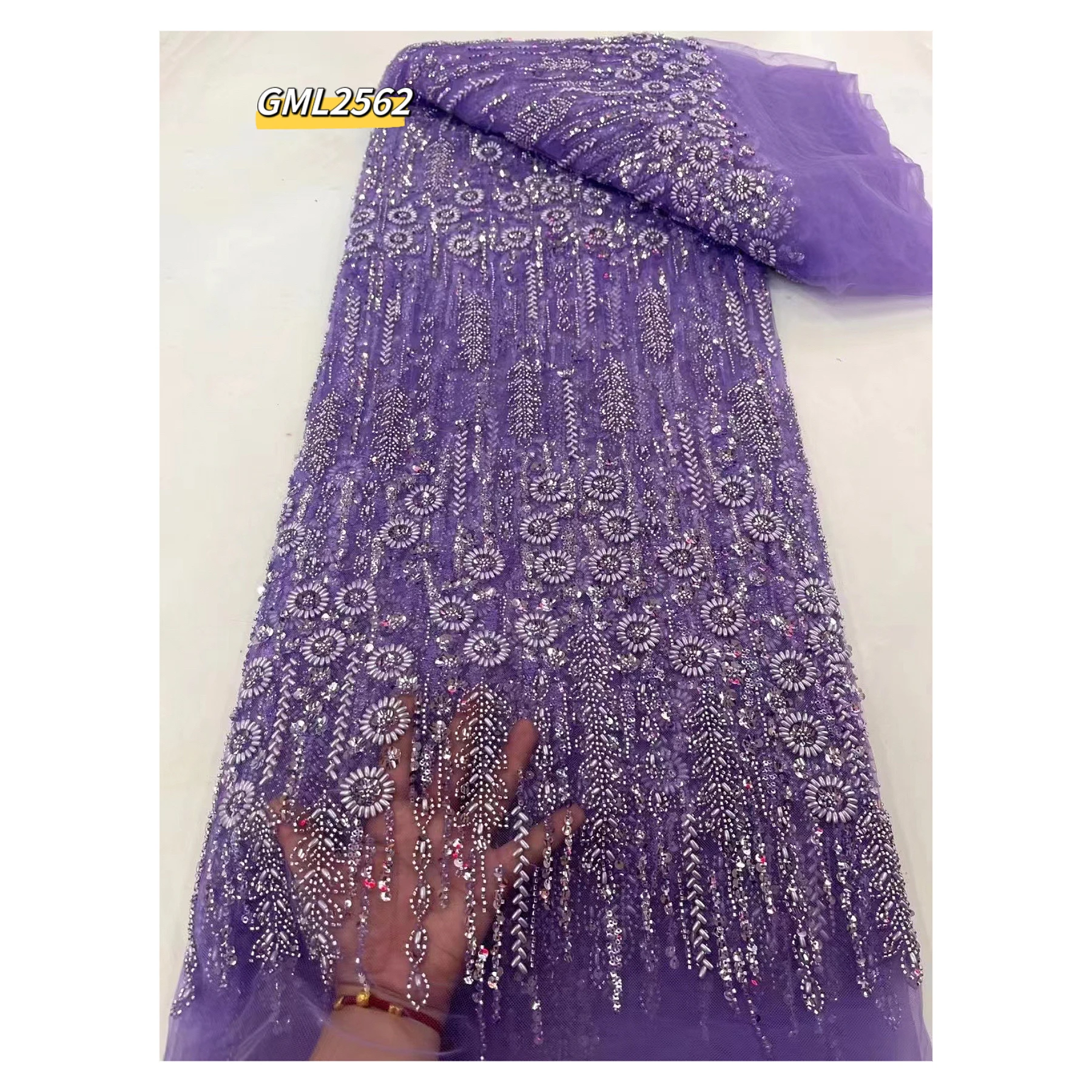 Luxury French Tulle Mesh Lace Fabric 5 Yards Embroidered high quality Beaded Lace Fabric Sequin Elegant Bridal wedding handmade