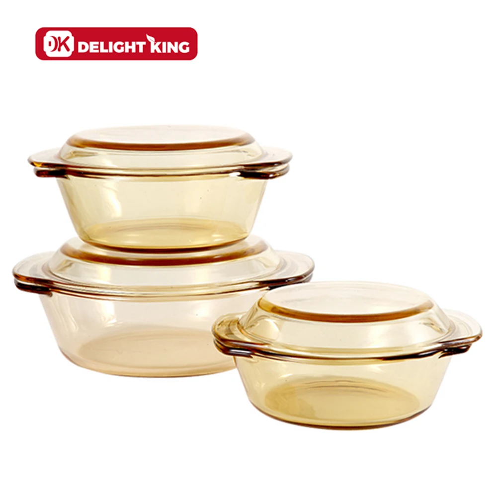 Classical pyrex high borosilicate amber glass casserole pot withglass lid/ microwave oven safe cookware set dish