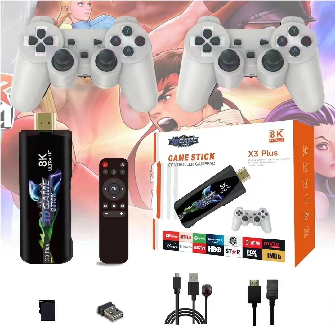 X3 PLUS Game Console Retro Gaming Tv Stick 4K Double Wireless Controller 64GB X2 PLUS Video Game Consoles 30000 Games  PSP PS1