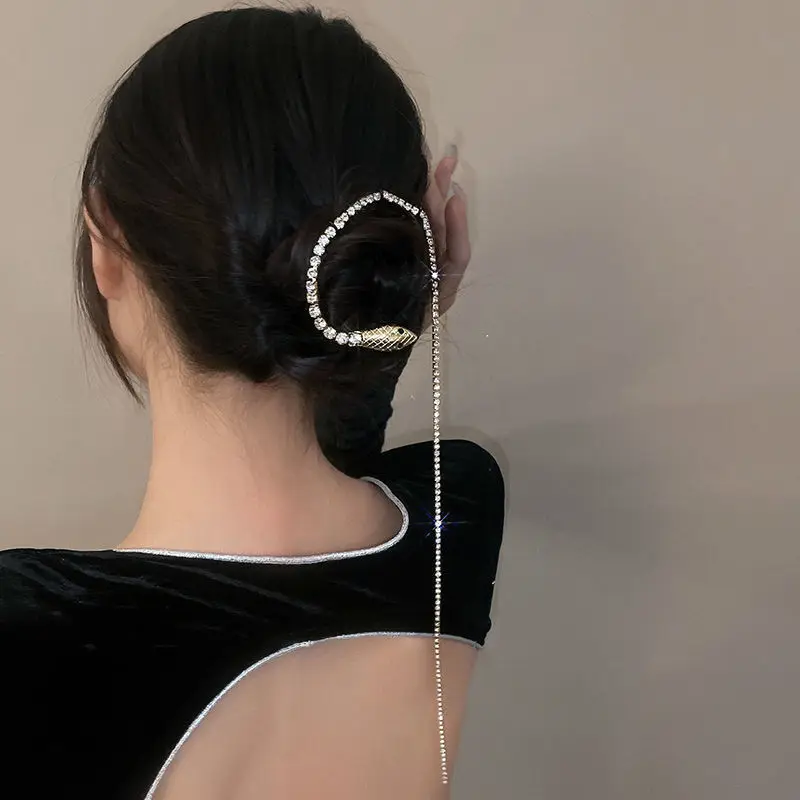 Full Rhinestone Snake Hair Band for Hair Women Long Tassel Crystal Headband Accessories Wedding Accessories Hair Jewelry