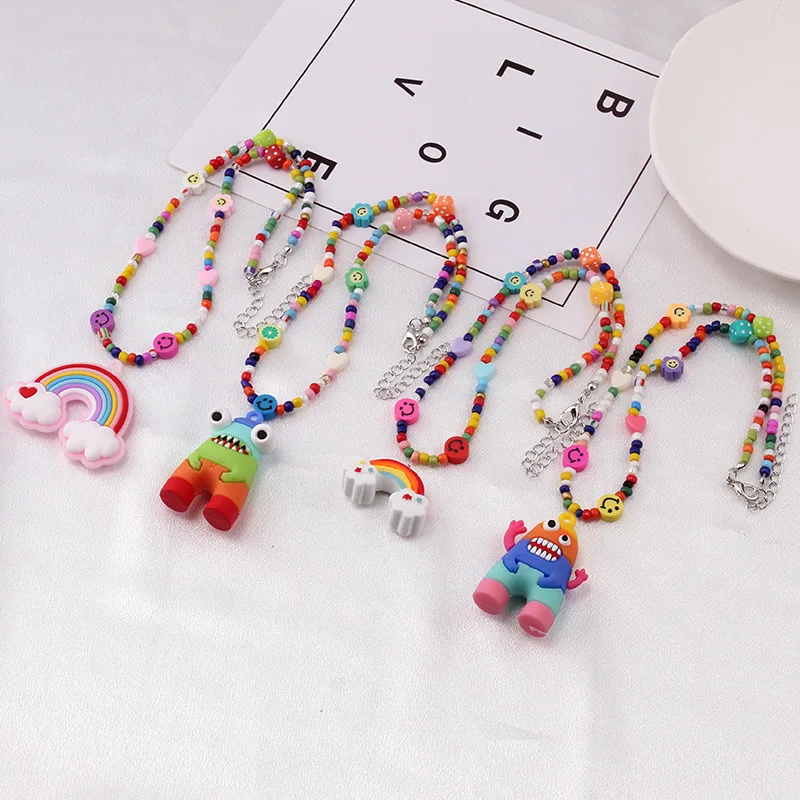 Internet celebrity jewelry rice bead necklace hop dice smiley collarbone chain female monster pendant Korean