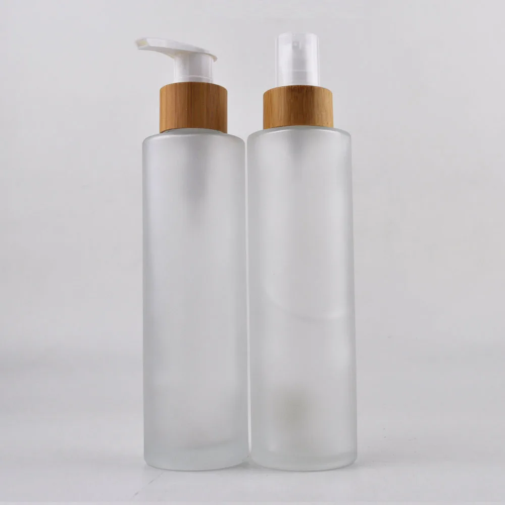 super March free sample 30ml 50ml 100ml 120ml 150ml clear frosted flat shoulder lotion pump glass oil bottle with bamboo cap