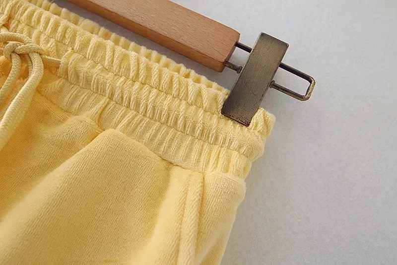 
Aproms Yellow Velvet Crop Top and Shorts Women 2 Pieces Set Summer Embroidery Cami Draw 