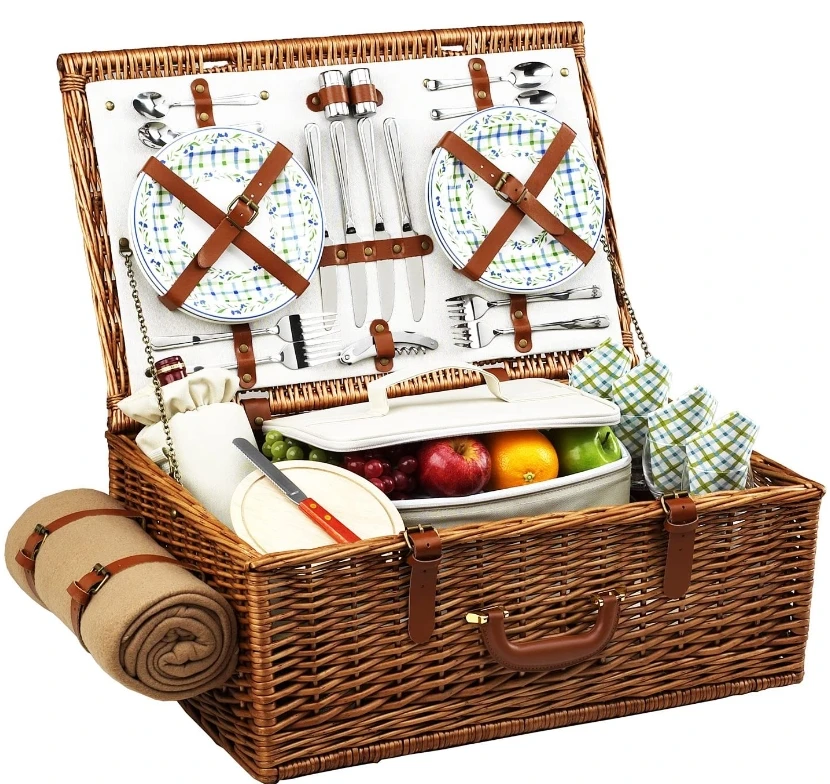 JY Bulk Picnic Baskets Wood Sea Grass Picnic Gift Basket Metal Portable Picnic Basket With Cooler And Wormer