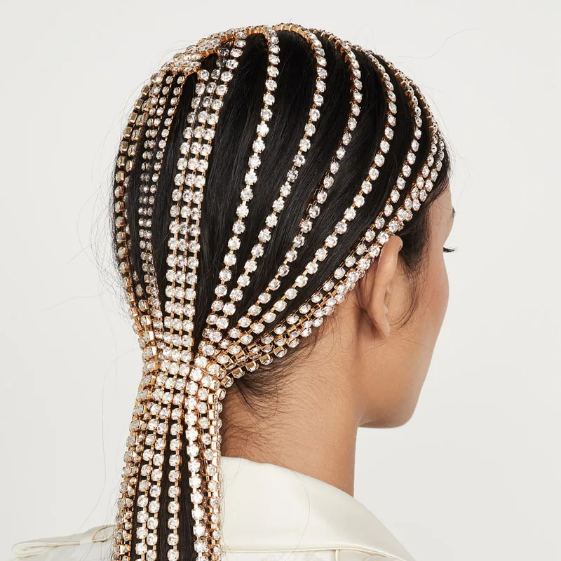  Luxury Jewellery Hair Accessories Full Crystal Rhinestone Diamond Headband Ins Personality Long Tassel Hoop Women