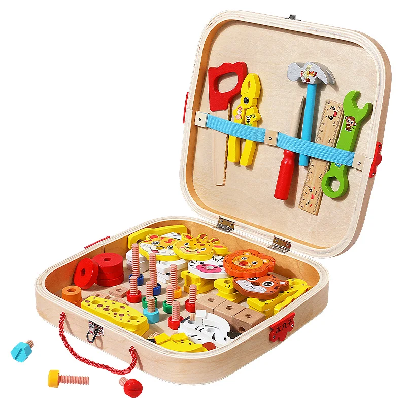 Wooden toolbox toys Pretend baby role play toolbox screws and nuts assembly game wooden toys