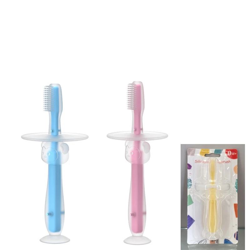 Stand up suction cup silicone tongue coating baby toothbrush