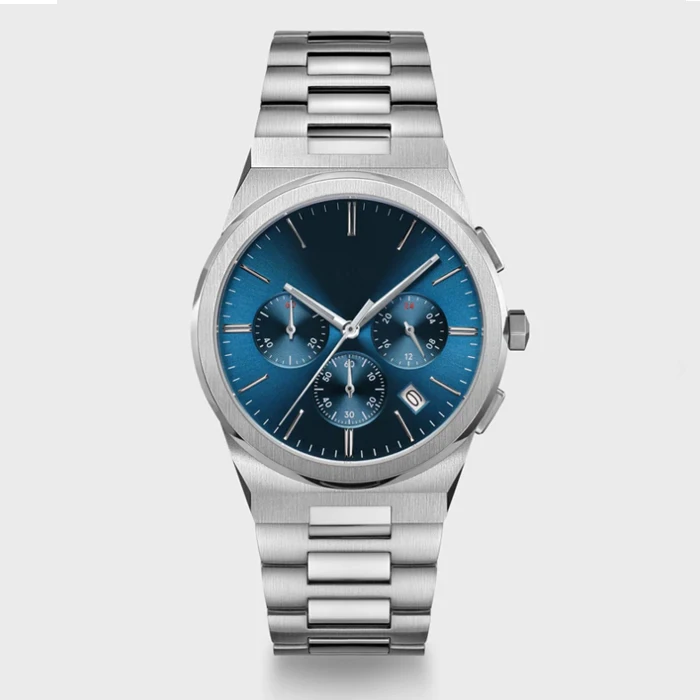Oem Custom Watch Logo Wristwatch  Men Watch Stainless Steel Fashion Chronograph Blue Watch