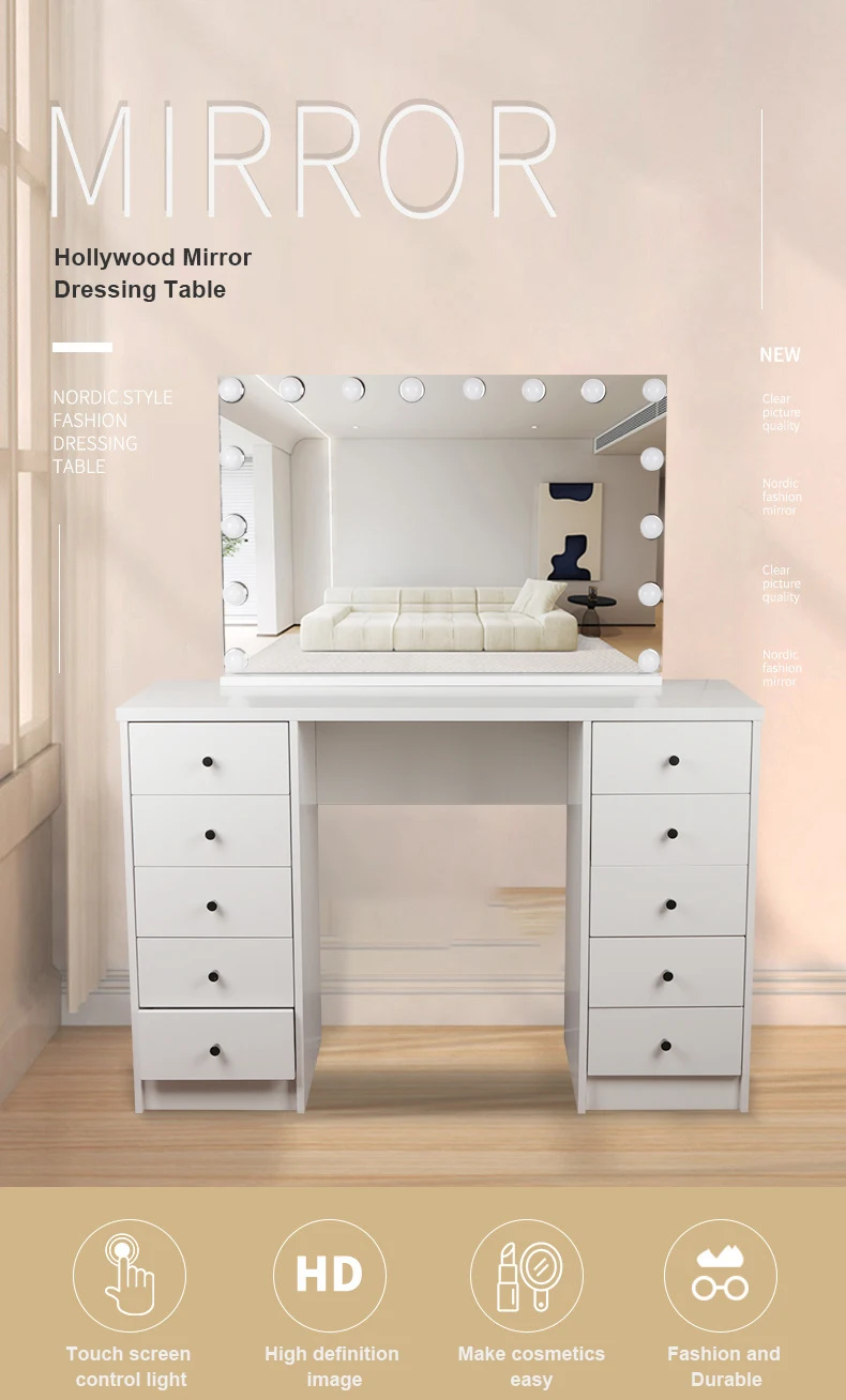Custom Modern Designer Adults Bedroom White Wooden Makeup Mirrored Console Dressing Table With Mirror