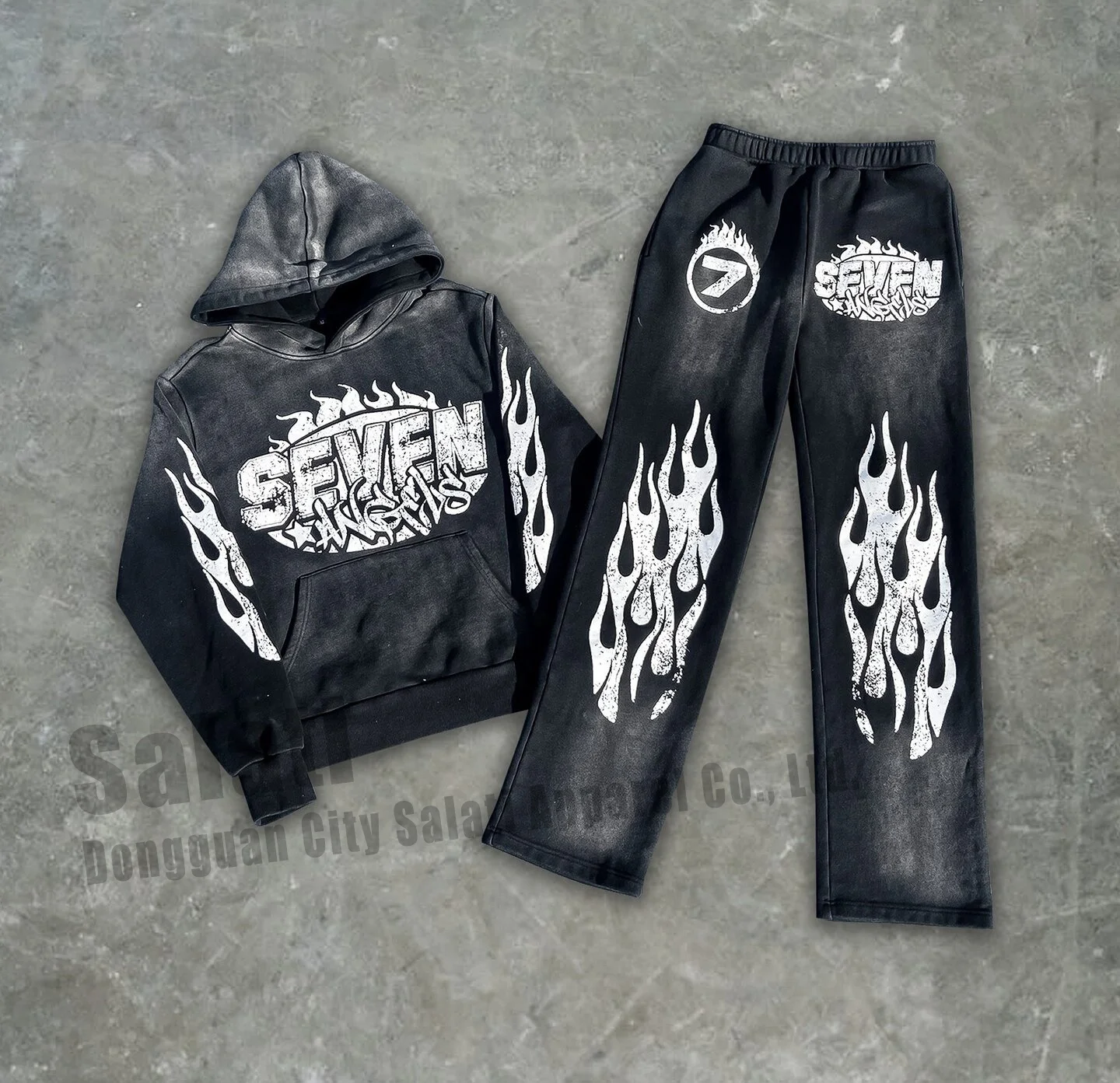 Custom Streetwear Sportswear Tracksuit Set For Men 2PCS Cotton Flare Sweatpants Acid Wash Sweat Suits Hoodie And Sweat Pants Set