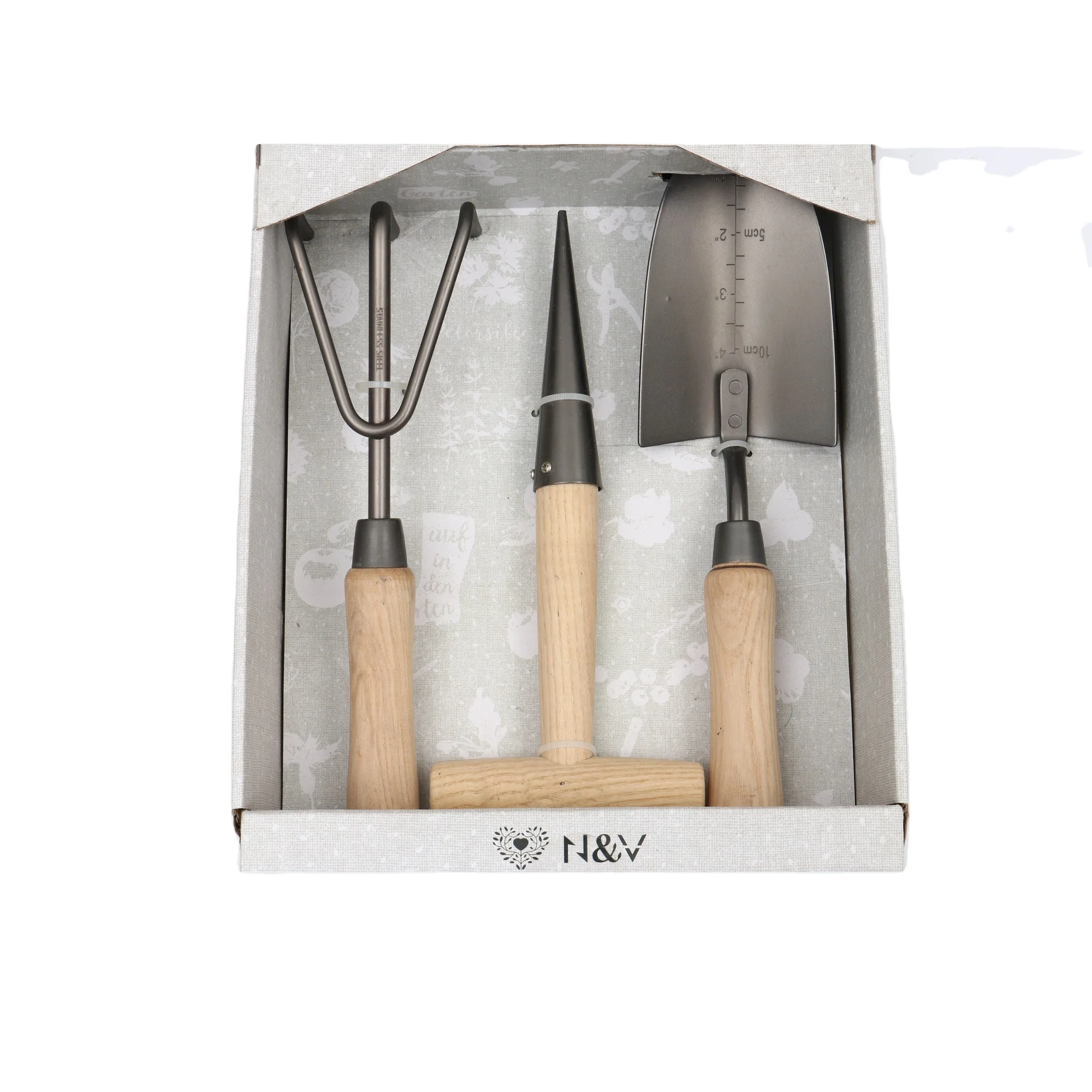 Multifunctional Green Floral Stainless Steel Spade Seed Hand Dibber 3 Teeth Rake Lady Garden Hand Tools Set Kit