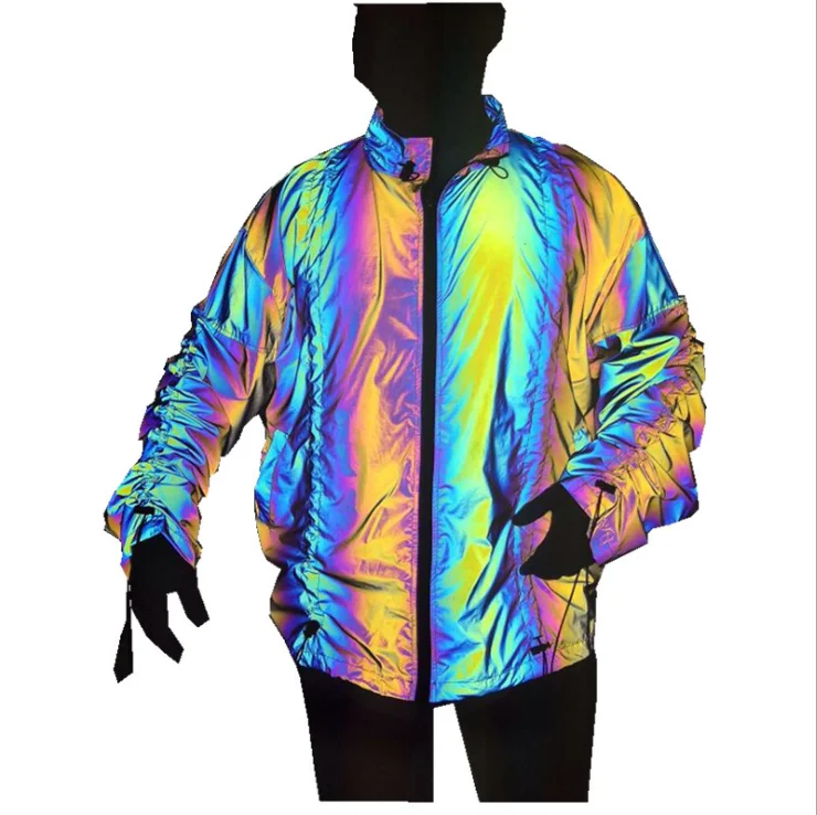 High Light New Style Draw String Design rainbow Color Large Size Loose Reflective Jacket for Outside Night Running Sports