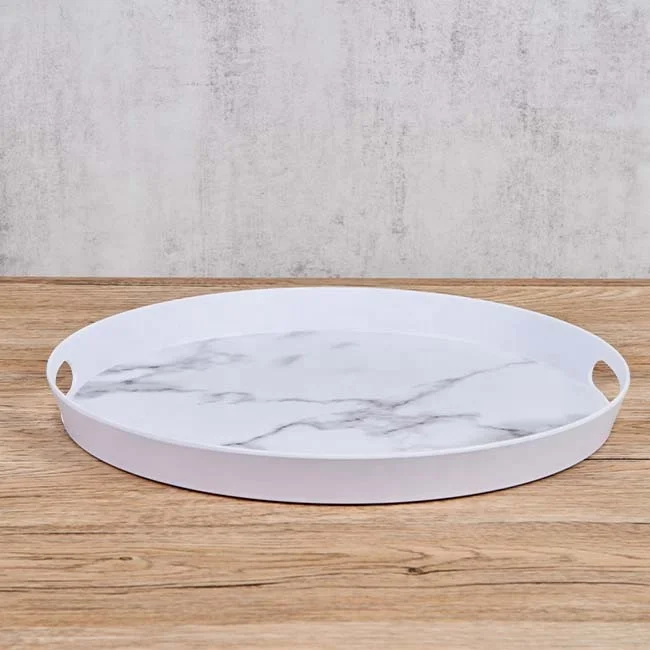 Round Shape White Marble Pattern Plastic Serving Trays Melamine Trays With Handle
