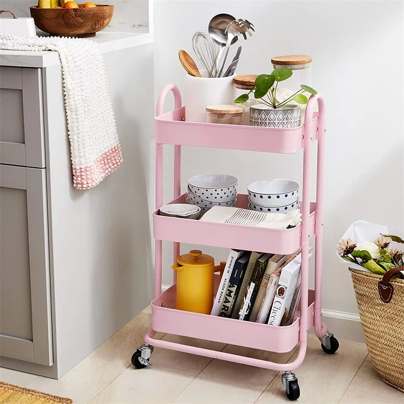 Multi Purpose 3 Tier Metal Organisation Holder Utility Trolley 3 Shelf Utility Storage Rack Cart For Kitchen Office Bathroom
