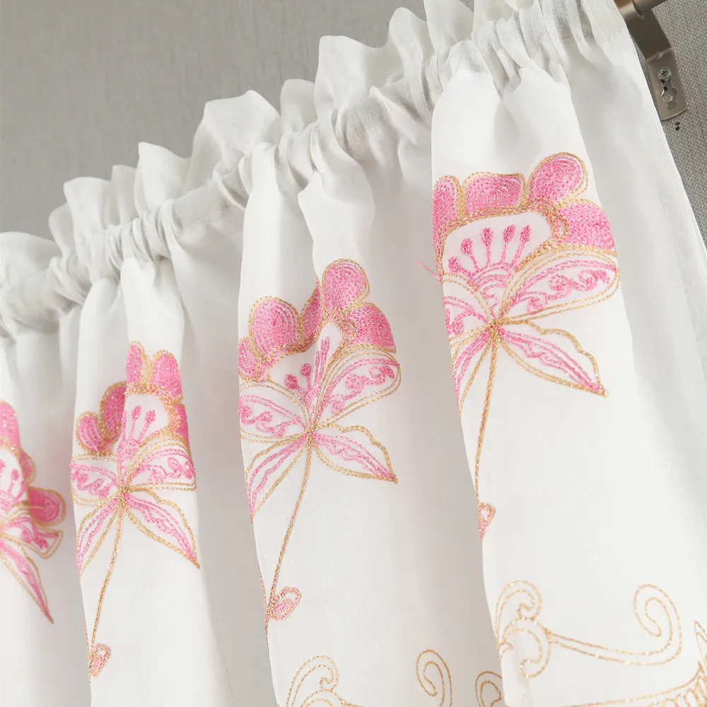 Double layer luxury rod pocket curtains valance attached pink&gold shiny embroidered thread peacock crown design for  bedroom