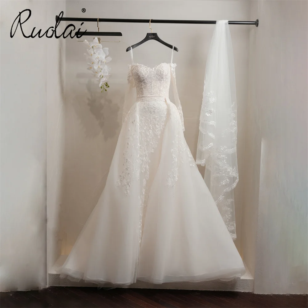 Ruolai QW02058 Off Shoulder Long Sleeves Detachable Train Lace Elegant Changing Dresses for Brides