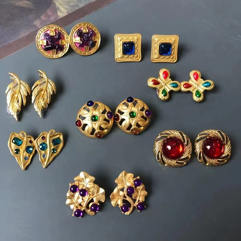 wholesale luxury vintage stud clip earring ear clip gold plated gem stone earrings for women