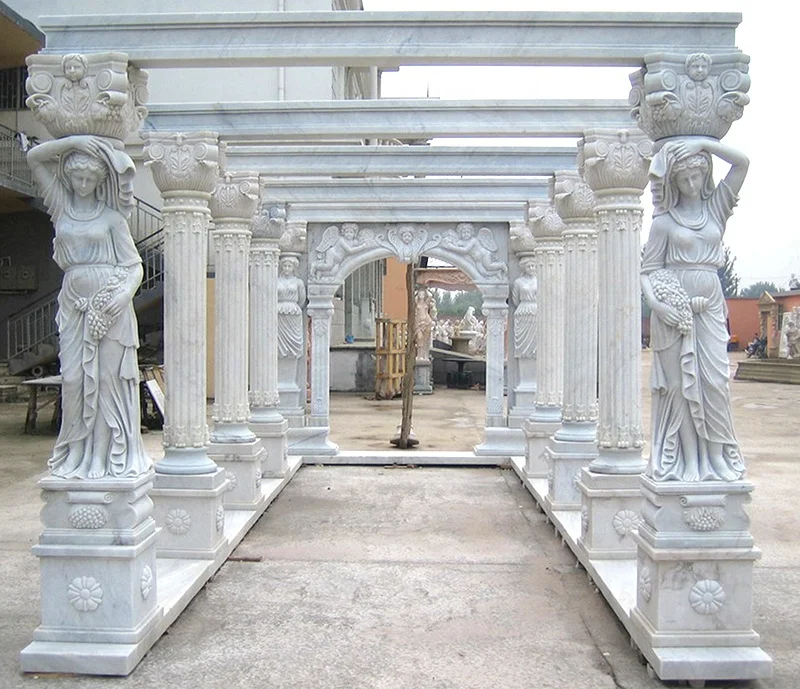 Outdoor Large Garden White Marble Gazebo With Sculpture