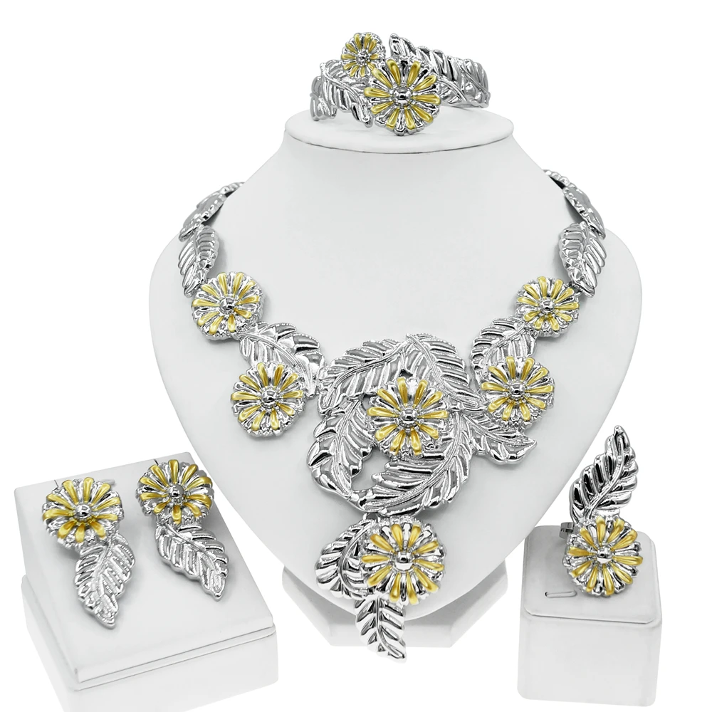 Yulaili Fashion Jewelry Set Italian Gold Plating Necklace Bracelet Earrings Ring African Exquisite Ladies Costume Accessories