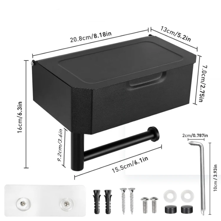 Jutye Bathroom Modern Style Black Phone Shelf Lid Storage Box Toilet Paper Holder With Storage